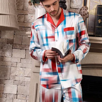 

Pyjamas Set Silk stain men 2019 summer long sleeve and full pants pijamas plus size night suit for man sleepwear night wear male