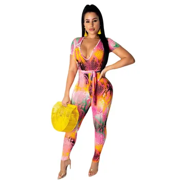 

Adogirl Tie Tye Snakeskin Print Bandage Jumpsuit Women Sexy V Neck Short Sleeve Slim Romper Night Club Party Overalls Bodysuits