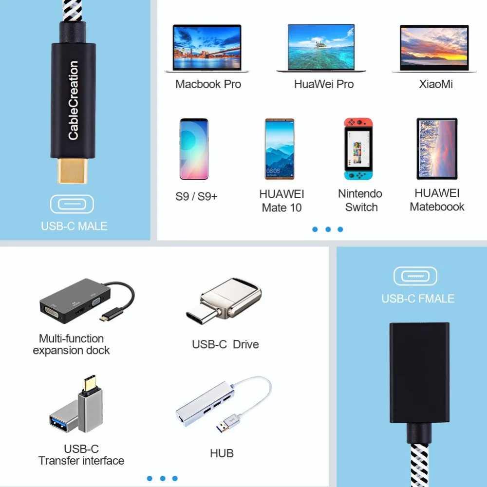 Кабель USB Type C CableCreation SuperSpeed 10 Гбит/с 3 1 Тип Папа мама Удлинительный кабель