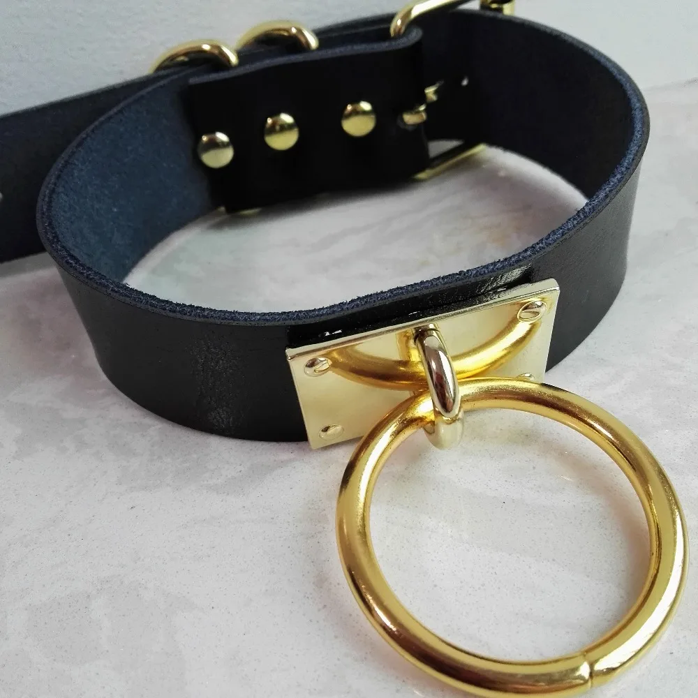 

Sexy Fashion Harajuku Handmade Leather Choker belt Rock Punk Goth Collar double O-Round Stud Gold-color color Necklace torque