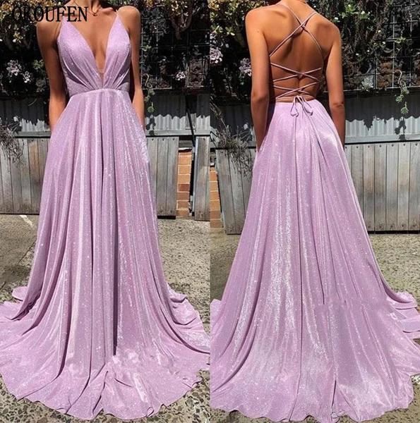 Elegant Halter Full Sequins Lavender Long Prom Dresses 2019 A Line Ruched Criss Cross Sweep Train Formal Party Evening Gowns BC1727 副本