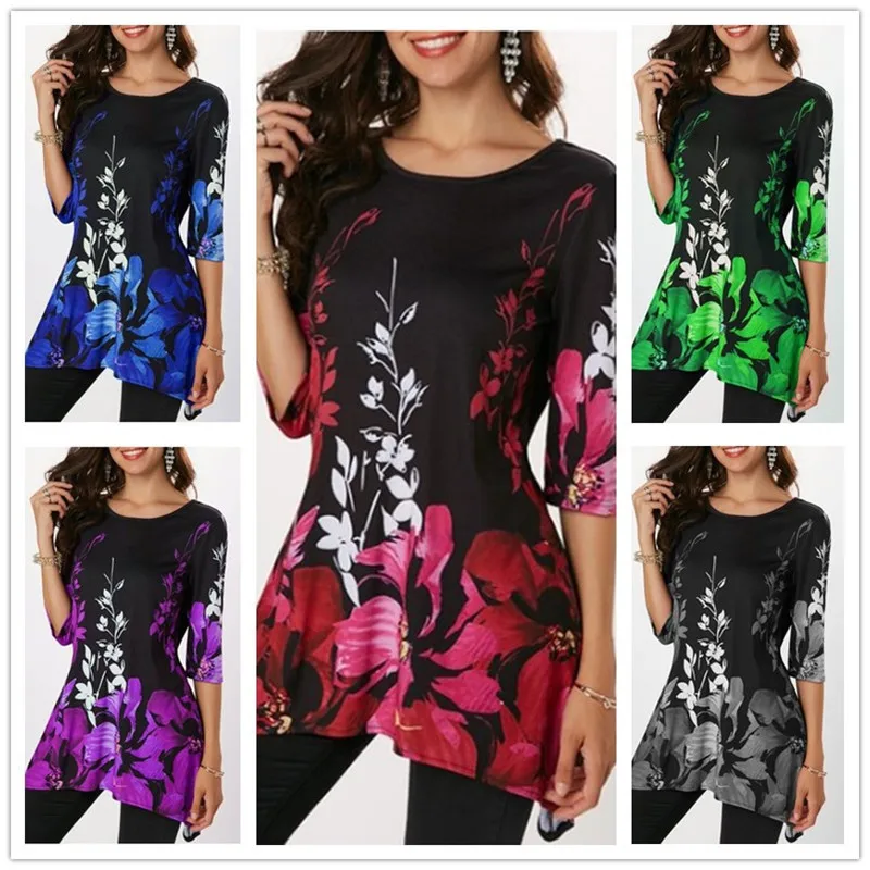 

Female Floral Print Summer T Shirt Top 2019 Punk Rock Women T Shirts Casual Large Size O-Neck Top Plus Size Women Clothing S-5XL