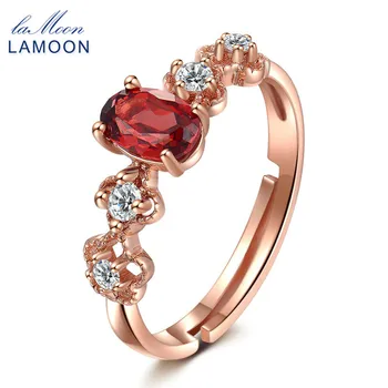 

LAMOON 925 Sterling Silver Jewelry Wedding Rings For Women 100% Natural Oval Red Garnet S925 Ring Trendy Flower Anillos RI045