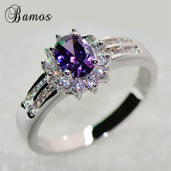 MEJOR OFERTA ❤️ Bamos-anillo ovalado púrpura elegante para mujer, joyería de Color plateado, anillos de boda Vintage para mujer, regalo de piedra de nacimiento - discount item 40% OFF Joyas y complementos