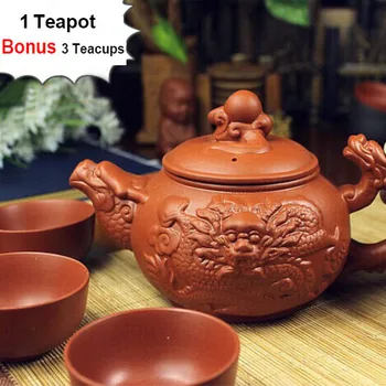 

Hot Sale Yixing Kung Fu Ceramic Porcelain Kettle 360ml Chinese Large Teapot [1 Teapot+3 Cups] Purple Clay Pot Tea Set Dragon