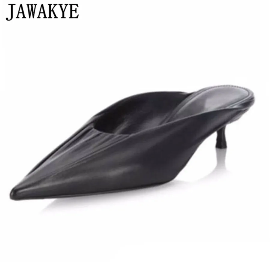 

JAWAKYE black red pointed toe Slippers women satin sheepskin pleated wrinkled flip flops kitten heels mules beach shoes women