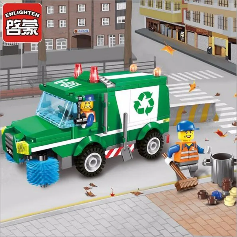 Просвещения город санитарии уборочная машина мусоровоз фигура блоки образования кирпичное здание игрушки для детей Совместимые