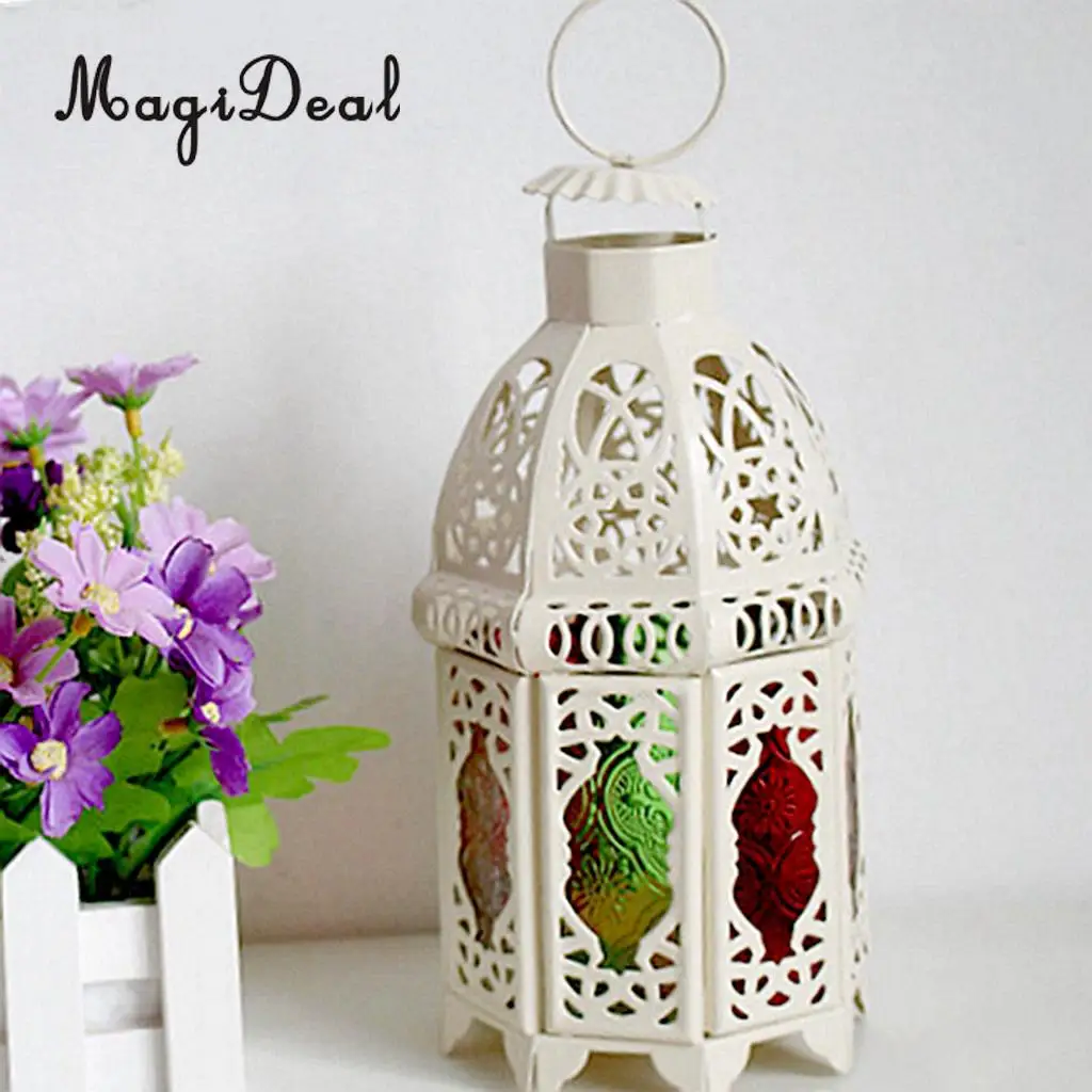 Moroccan Vintage Metal Hollow Glass Moroccan Hanging Tea Light Holder Candle Lantern Xmas Decor