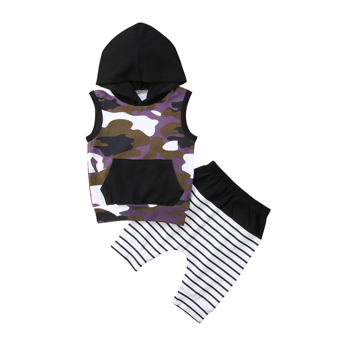 Toddler Summer Kids Hooded Tank Top Camo Striped Pant Infant Baby Boy