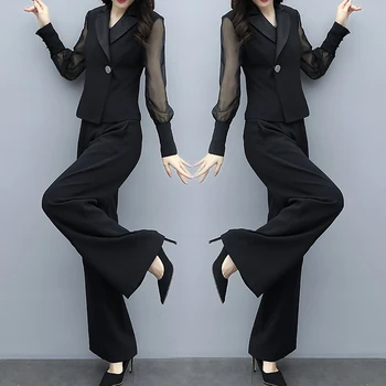

Spring 2 Piece Set Women Office Work Wide Leg Trousers Suit Set Pantalon Taille Haute Femme Conjunto Feminino Palazzo Pants