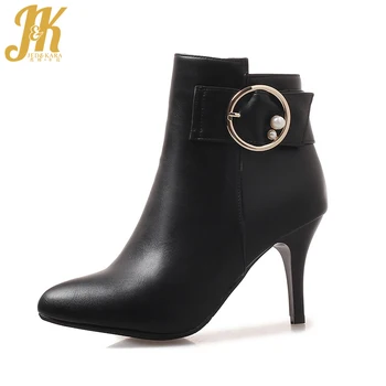 

JK Thin High Heels Ankle Women Boots Pearl Female Zipper Pu Shoes Autumn Pointed Toe Bootie 2018 Fashion Footwear Big Size 32-46