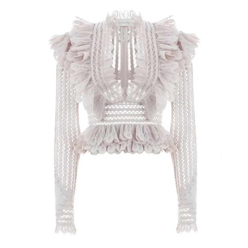 Роскошная брендовая подиумная дизайнерская Осенняя коллекция, Женская однотонная блузка с длинным рукавом, модные вечерние топы с v-образным вырезом и оборками