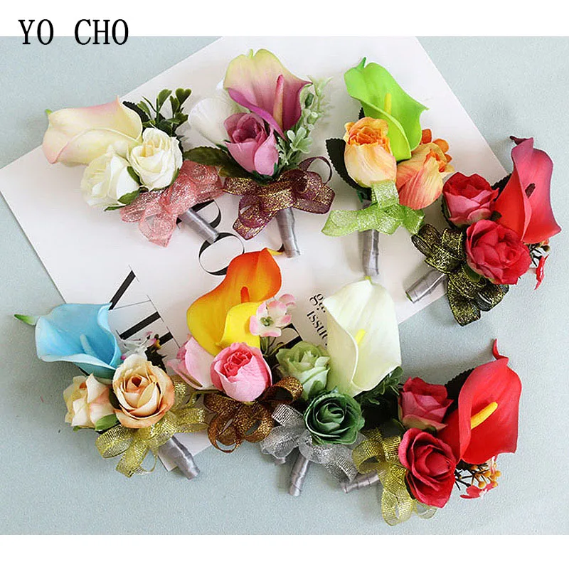 

YO CHO Multicolor Wedding Decor Hand Flower Calla Lily Rose Ribbon Wrist Flower Corsage Bride Decor Suit Brooch Bracelet Flowers