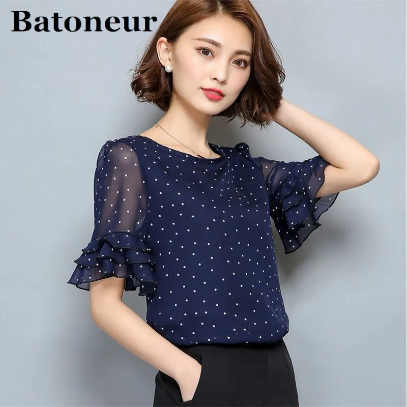 2018-Women-Short-Sleeve-Ciffon-Blouse-Fashion-Casual-Shirts-Loose-Tops-Polka-Dot-O-Neck-Chiffon