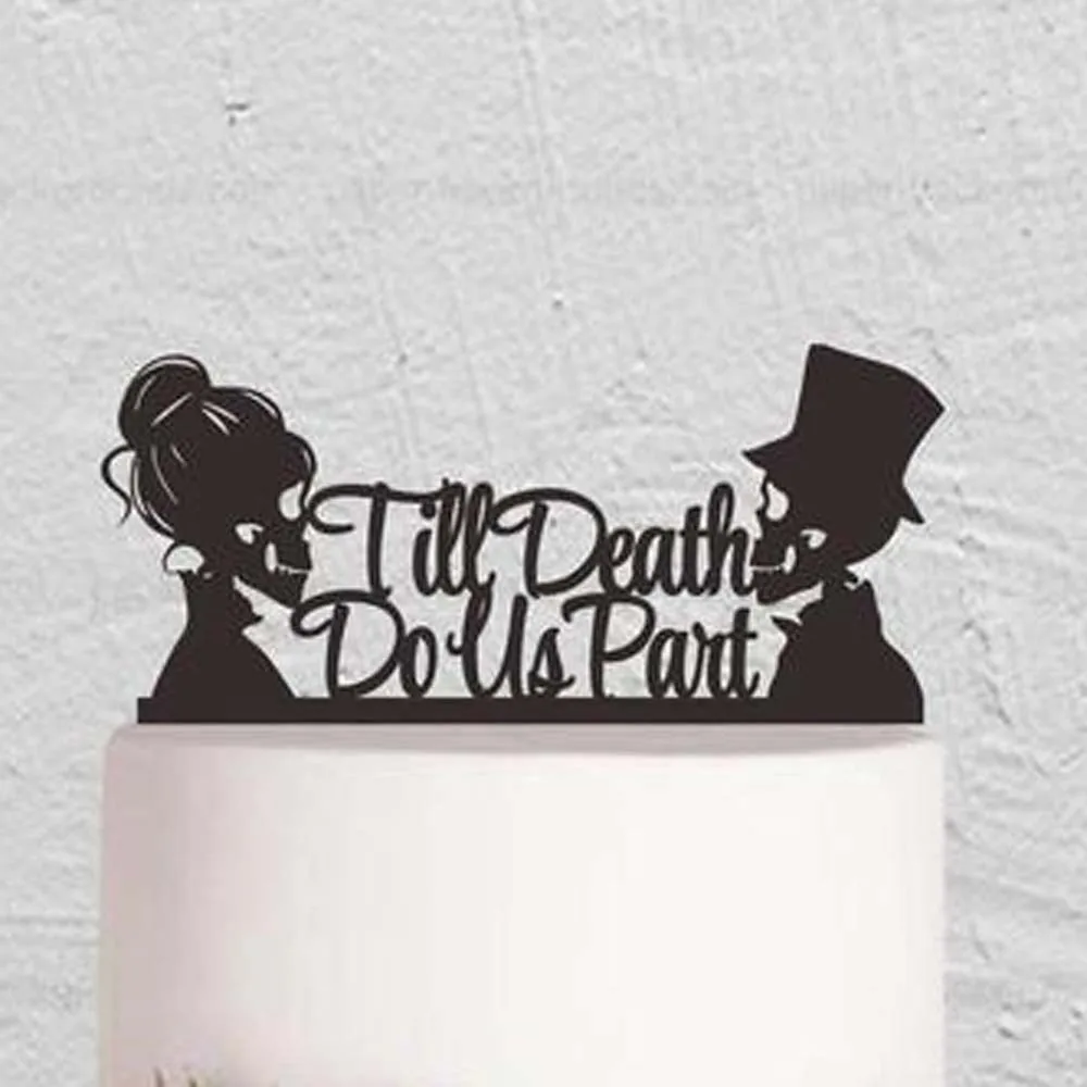 Personalized Skull Cake Topper,Till Death Do Us Part Cake Topper with wedding wood,Custom Cake Topper Skeleton Halloween Topper