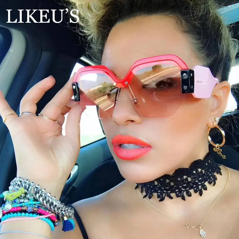 

LIKEU'S Sexy Rimless Oversized Sunglasses For Women Vintage 2018 Red Pink Luxury Sun Glasses Female Rivet Big Frame Male Shades