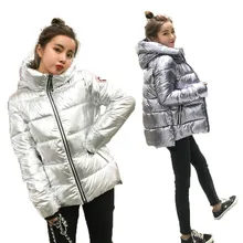 Perak Terang Jaket Mantel Wanita Musim Dingin Hangat Bawah Cotton Padded Parkas Pendek Bomber Roti Gaya baru Musim Gugur Busana Berkerudung Tahan Dr