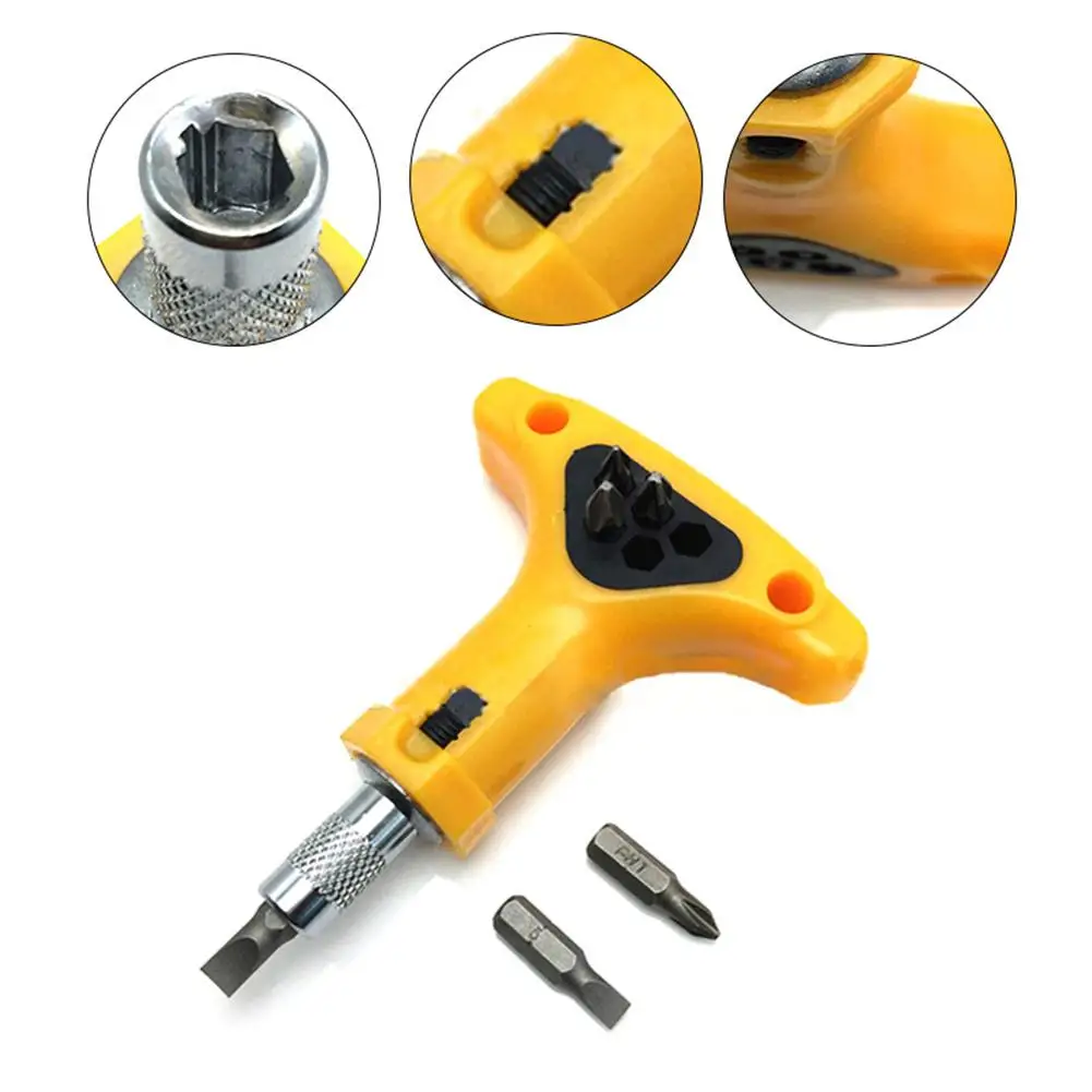 

Multifunction 6 In 1 T Handle Anti-slip Yellow Ratchet Screwdriver Bits Hand Tool Set
