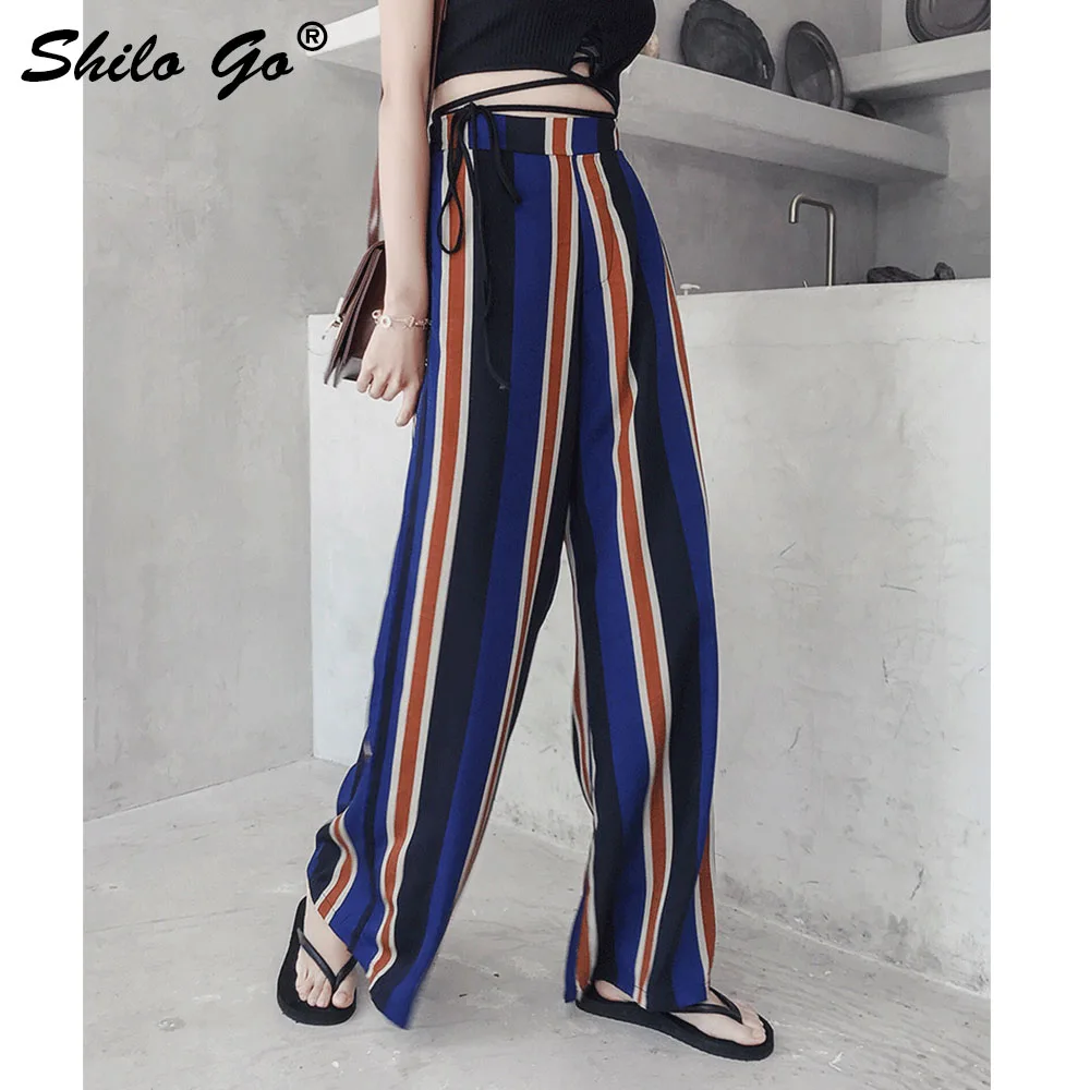 Pantalones Mujer Chic De Amplia Raya Las Capris Playa Casuales Verano Azul Cintura Pierna Mujeres Streetwear Alta Split 55xHrwPZ