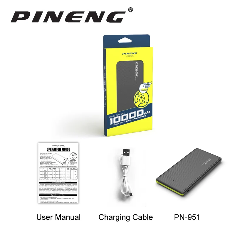 Original Pineng Power Bank 10000mAh External Battery Pn-951 Portable Mobile Fast Charger Dual USB for iPhone Samsung LG Xiaomi