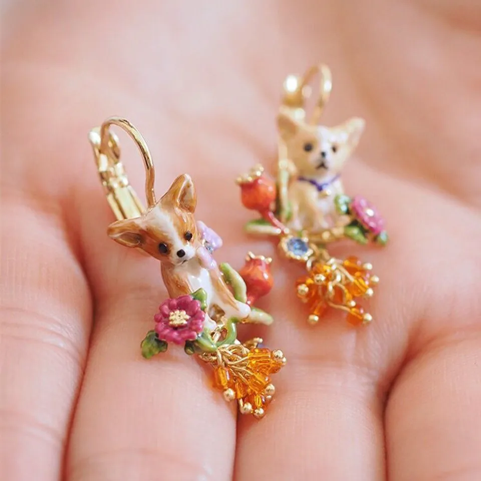 

2018 Luxury Designer Amybaby Chihuahua Family On Flower Branch and Faceted Glass Necklace Tassels Drop Earring Adjustable Ring