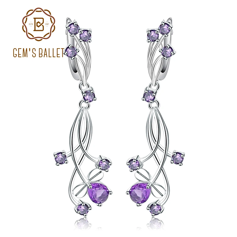 

GEM'S BALLET Flower Design 3.08Ct Natural Amethyst Drop Earrings For Bridal 925 Sterling Silver Wedding Jewelry For Women
