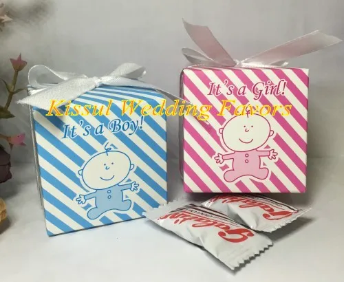 

50Pcs/lot 2016 Newest baby boy and baby girl Surprise Birthday Party favor box With White ribbon for baby souvenirs gift box