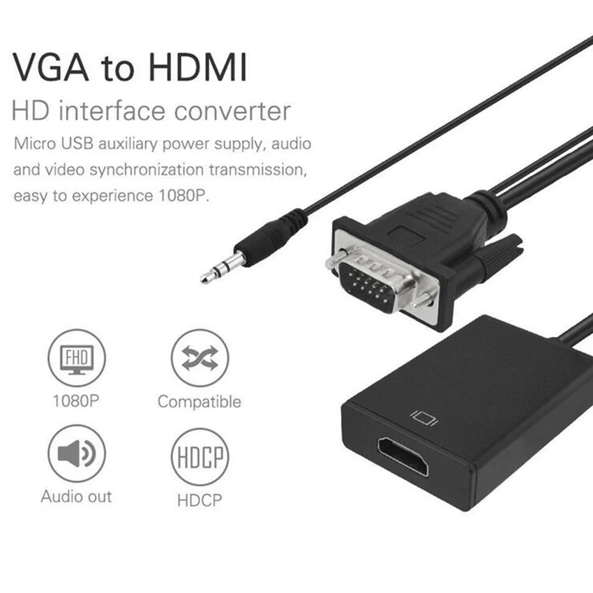Преобразователь из VGA в HDMI кабель адаптер с аудио выходом 1080P Женский для ПК