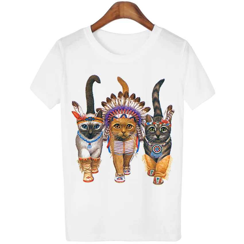 

2015 New Fashion Vintage Spring Summer T Shirt Women Clothing Tops Animal Cat Print T-shirt Printed White Woman Clothe WMT107