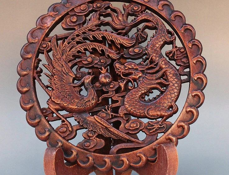 

10" Old China Folk FengShui BoxWood Wealth Auspicious Dragon Phoenix Screen