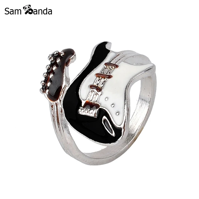 

Personalized European Style Punk Style Bright Colorful Glazed Guitar Ring White And Black Ring Musical Tools Bijoux YK5158