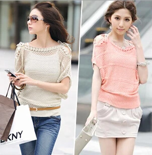 

2019 summer new arrival strapless short-sleeved blouse ladies bat sleeve loose big yards hollow knit sweater coat jacket