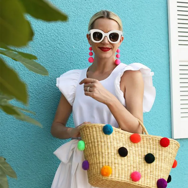

7 Colors Long Boho Pom Pom Drop Pendant Cotton Pendant Earrings 2019 New Arrival Fashion Women Dangle Earring Jewelry Wholesale