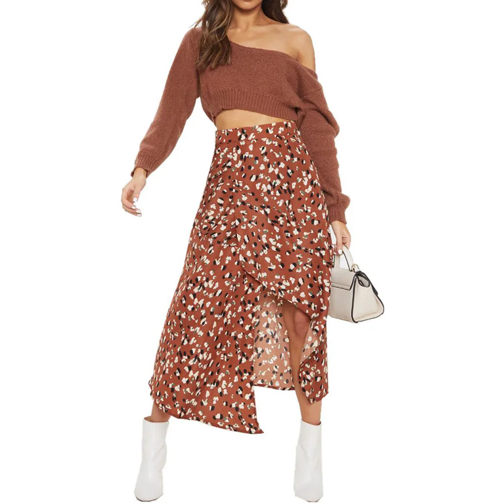 

KLV Fashion Women Mid-Calf Skirt Ladies Female Casual Print Empire Waist Open Fork Irregular Skirts Drop.2.28