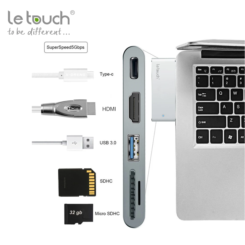 LeTouch Dual Ports USB C Hub To HDMI Adapter 4K Thunderbolt 3 USB Type-C Hub with TF SD Slot PD for MacBook Pro 2017 USB Hub 3.0