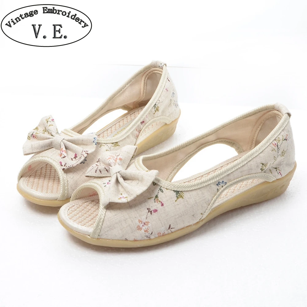 

Vintage Embroidery Sandalia Feminina Butterfly Knot Open Peep Toe Slip On Women Sandals Women's Summer White Shoes