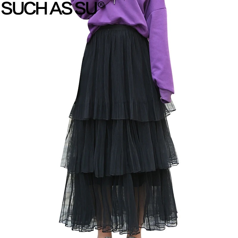 На весну, 3 слоя сетки плиссированные юбки Для женщин 4 цвета большие Размеры эластичный Высокая талия оборками многослойная юбка Женская длинная юбка