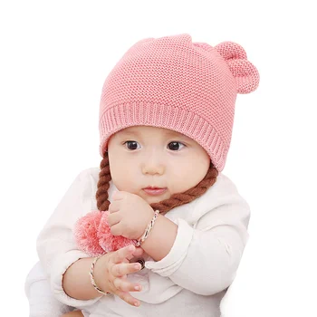 

Braid Knit Baby Hat For Girls Cute Cotton Infant Hat With Pompom Photography Props Baby Girls Winter Beanie Hat With Ears New