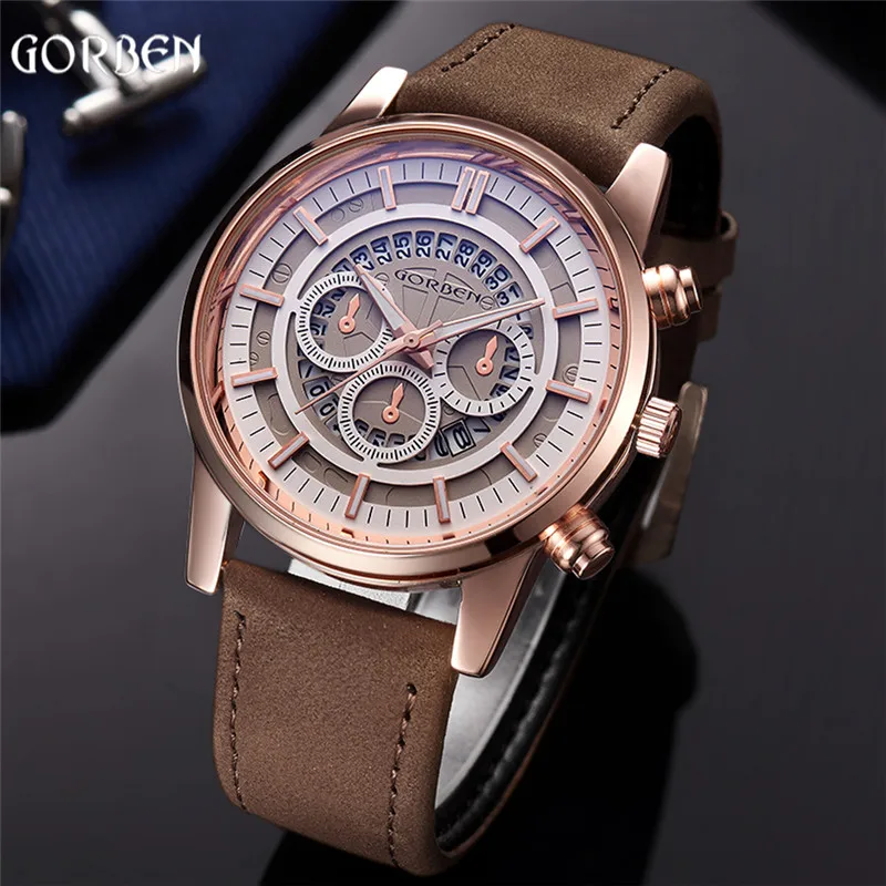 

Top Brand GORBEN Watch Men Cool Leather Band Date Sport Quartz Mens Wrist Watch Fashion Black Waterproof Male relogio masculino