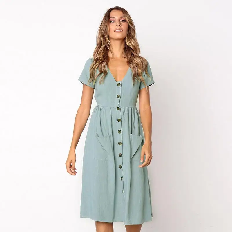 

New Brand An Mo Yan Summer Short Sleeve Long Sleeve Two Women Dresses Fashion V-neck Pocket Harajuku Clothing Women's Dress