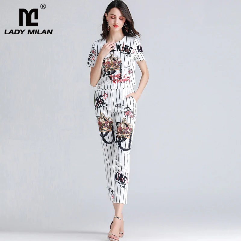 Vrouwen Runway Twinsets O Hals Korte Mouwen Gestreepte T-shirts met Kralen Broek Twee Stuk Broek Sets Vrouwen Runway Twinsets O Hals Korte Mouwen Gestreepte T-shirts met Kralen Broek Twee Stuk Broek Sets