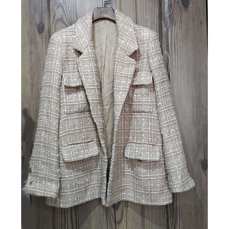 

2019 new retro women's tweed gold-knitted jacket single-breasted pocket long-sleeved lapel high-quality Coat jacket Silk lining