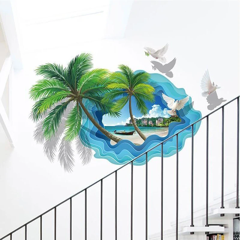 Красочные Пальма стены наклейки home decor 3D Ocean настенные панно для гостиной Cute Birds Наклейки на стены