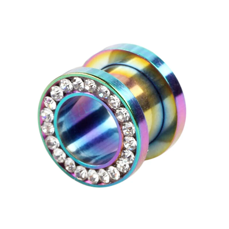 2pcs/lot Stainless Steel Rainbow Rhinestone Gem Ear Plug Tunnel Gauges
