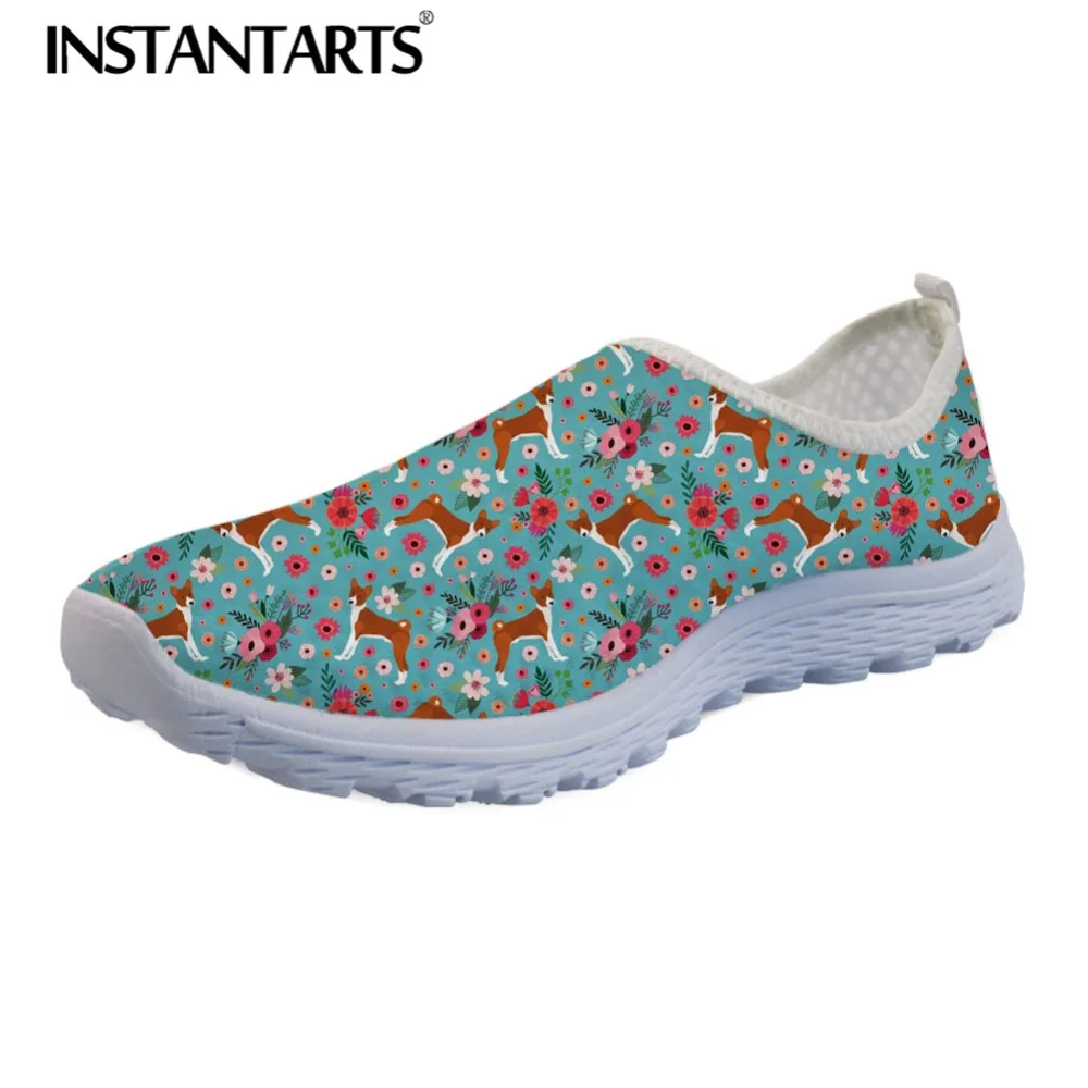 

INSTANTARTS Brand Designer Women Flats Shoes Breath Summer Walking Shoes Basenji Flower Dog Print Female Mesh Sneakers Shoe Lady