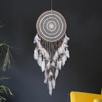 

Creative Car Decoration Handmade Dream Catchers Hanging White Lace Flower Dreamcatcher Wind Chimes Indiana Feather Pendant