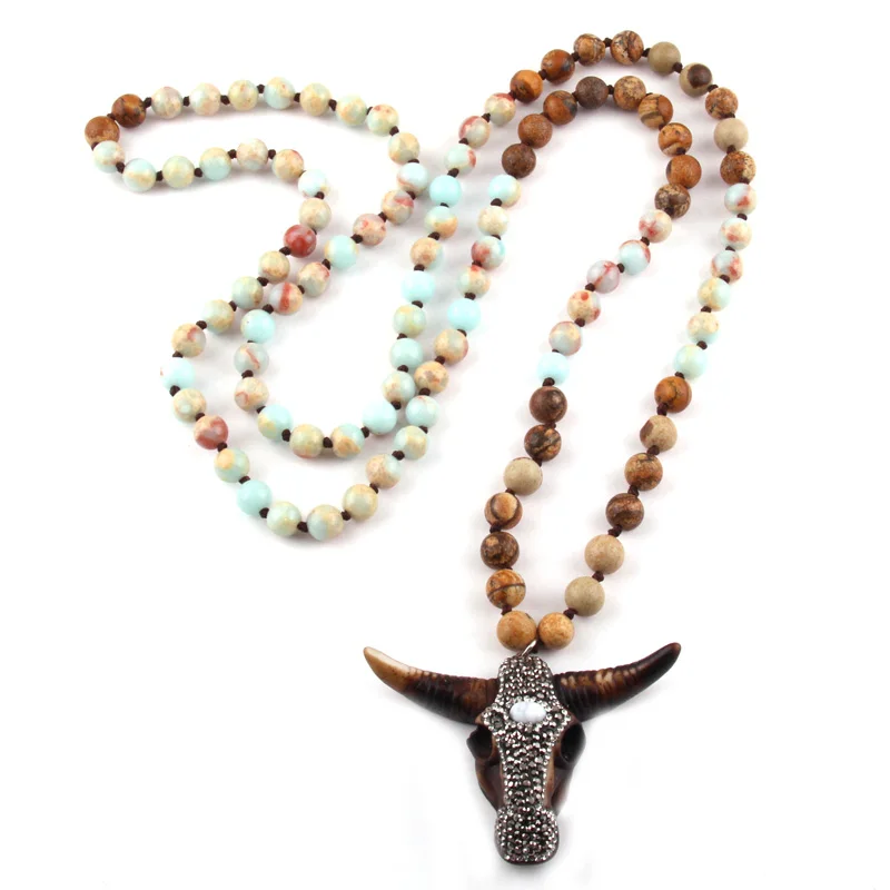 

Fashion Bohemian Tribal Jewelry Empire Stone Knotted Handmade Paved Bull Head Pendant Necklace