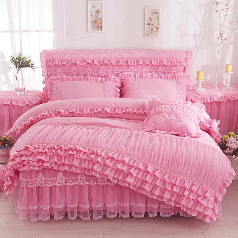 cheap Korean Style Bedding set King Queen Size 4pcs Solid Princess Bed Set Pink Lace Embroidered Duvet cover Bed sheet Pilliwcases