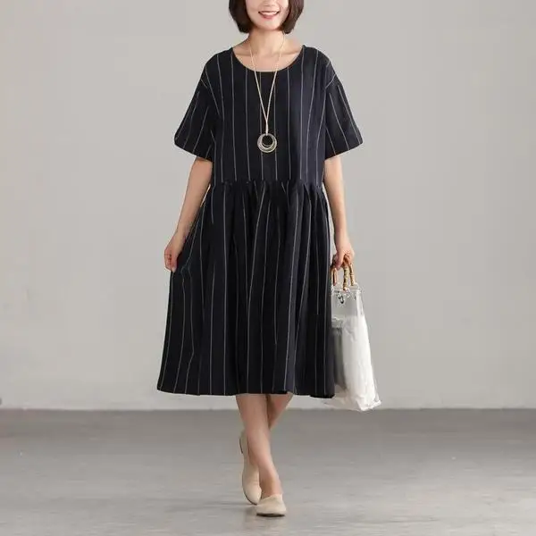 2019 Summer Vintage Retro Women Boho Beach Dress Casual Short Sleeve O-Neck Loose Dresses Elegant Black Striped Female Vestidos (1)