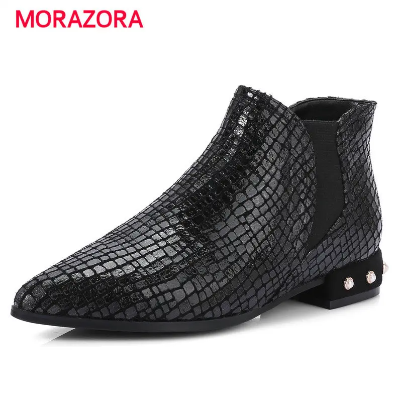 

MORAZORA 2018 new autumn winter square heel ankle boots for women pointed toe med heel genuine leather boots slip on boots